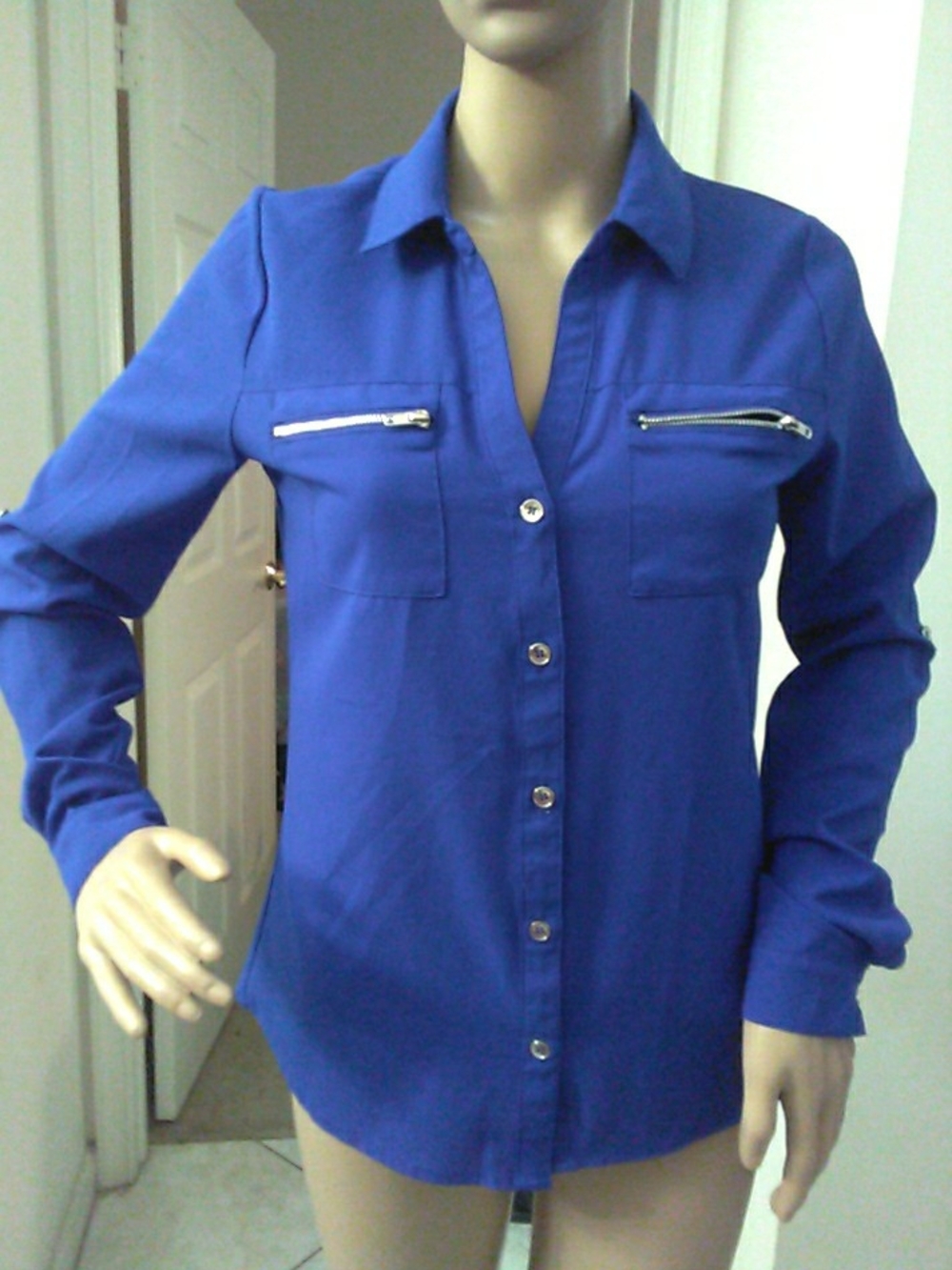 LK. NEW a'gaci Royal Blue Button-Front Shirt Zip Chest Pockets PTP 18